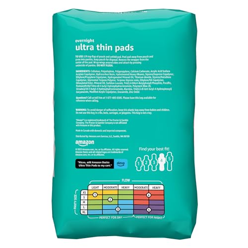 Amazon Basics Overnight Pads for Women, Ultra Thin with Flexi-Wings, Unscented, Size 4, 112 Count, (4 Packs of 28) (Previously Solimo)