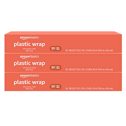 Amazon Basics Plastic Food Wrap, BPA Free, Microwave Safe with Tight Seal, 300 Sq Ft, Pack of 3, 100 Sq Ft Rolls