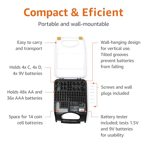 Amazon Basics Portable Battery Storage Case with Tester, Wall-Mounted Design, Carrying Handle, Holds 110 Batteries, 9.37 x 11.69 x 2.91 inches, Clear/Black view 2