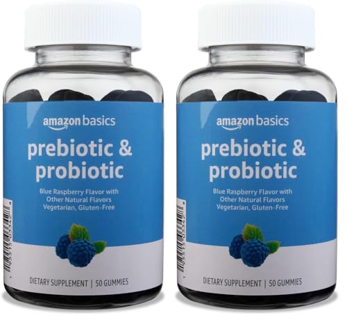 Amazon Basics Prebiotic & Probiotic Gummies, 2 Billion CFU, Blue Raspberry, 50 Count (2 per Serving) (Previously Solimo) (Pack of 2)