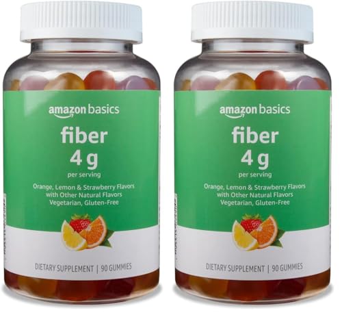 Amazon Basics (previously Solimo Fiber 4g Gummy - Digestive Health, Supports Regularity, Orange, Lemon & Strawberry, 90 Gummies (2 per Serving) (Pack of 2)