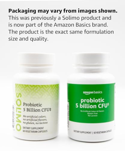 Amazon Basics - Probiotic, 5 Billion CFU, 8 Probiotic strains with 60 mg Prebiotic Blend, 60 Count Vegetarian Capsules, 2 Month Supply, Supports Healthy Digestion (Previously Solimo)