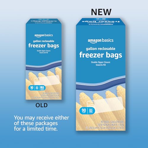 Amazon Basics Reclosable Freezer Gallon Size Bags with Double Zipper Seal, Stand-Up Bottom, BPA Free, 90 Count (Previously Solimo) view 2