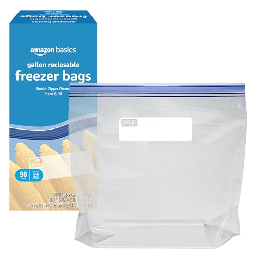 Amazon Basics Reclosable Freezer Gallon Size Bags with Double Zipper Seal, Stand-Up Bottom, BPA Free, 90 Count (Previously Solimo) view 3