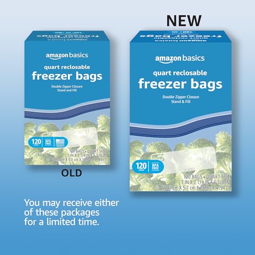 Amazon Basics Reclosable Freezer Quart Food Storage Bags with Zipper Seal, BPA Free, Stand and Fill, Airtight, 120 Count (Previously Solimo) view 2