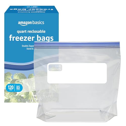 Amazon Basics Reclosable Freezer Quart Food Storage Bags with Zipper Seal, BPA Free, Stand and Fill, Airtight, 120 Count (Previously Solimo) view 3