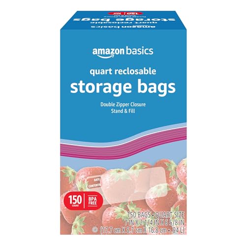 Amazon Basics Reclosable Quart Food Storage Bags, BPA Free, 150 Count