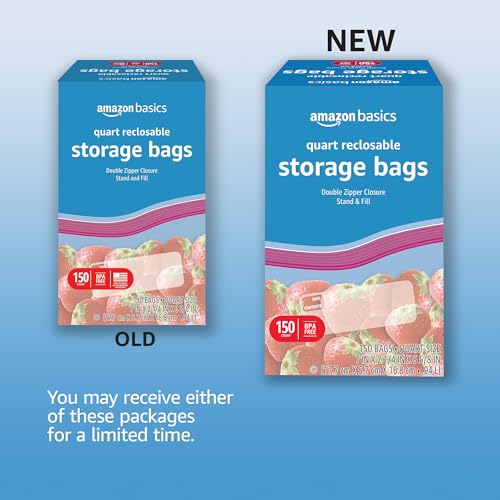 Amazon Basics Reclosable Quart Food Storage Bags, BPA Free, 150 Count
