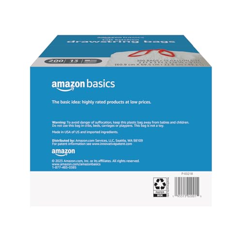 Amazon Basics Tall Kitchen Drawstring Trash Bags, Sturdy, 13 Gallon, Unscented, 200 Count view 2