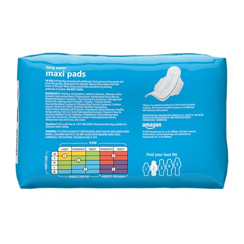 Amazon Basics Thick Feminine Maxi Pads with Flexi-Wings for Periods - Long Length, Super Absorbency, Unscented, Size 2, 128 Count (4 Packs of 32) view 2
