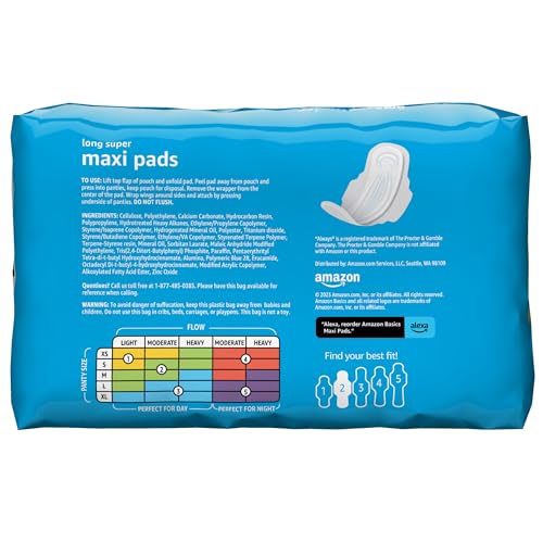 Amazon Basics Thick Maxi Pads with Flexi-Wings for Periods, Long Length, Super Absorbency, Unscented, Size 2, 32 Count, 1 Pack (Previously Solimo)