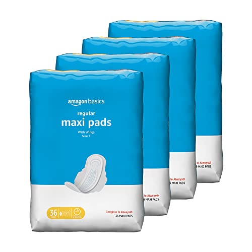 Amazon Basics Thick Maxi Pads with Wings for Periods, Regular Absorbency, Unscented, Size 1, 144 Count (Previously Solimo)