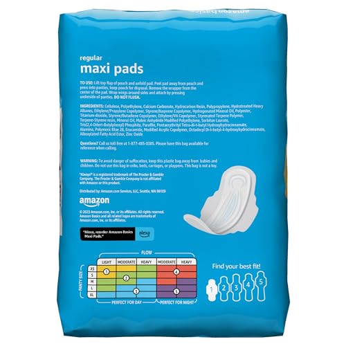 Amazon Basics Thick Maxi Pads with Wings for Periods, Regular Absorbency, Unscented, Size 1, 144 Count (Previously Solimo)