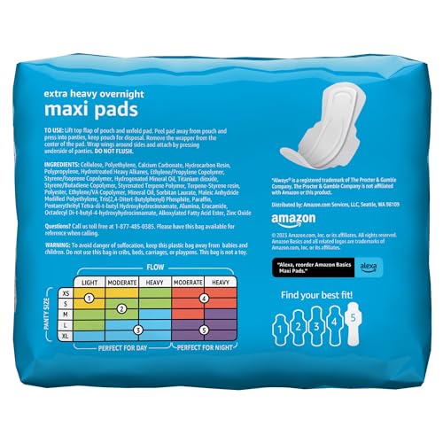 Amazon Basics Thick Maxi Pads with Wings for Periods - Extra Heavy Overnight Absorbency, Unscented, Size 5, 20 Count (Previously Solimo)