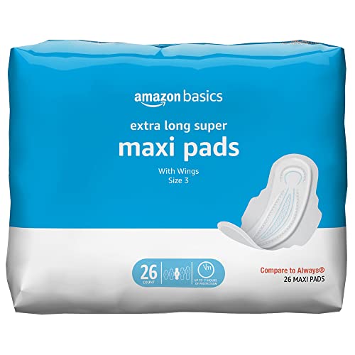Amazon Basics Thick Maxi Pads with Wings for Periods - Extra Long Length, Super Absorbency, Unscented, Size 3, 26 Count (Previously Solimo)