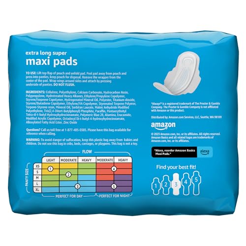 Amazon Basics Thick Maxi Pads with Wings for Periods - Extra Long Length, Super Absorbency, Unscented, Size 3, 26 Count (Previously Solimo)
