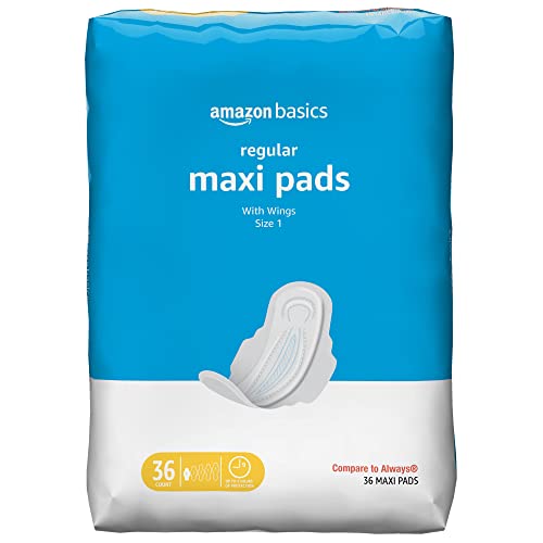 Amazon Basics Thick Maxi Pads with Wings for Periods - Regular Absorbency, Unscented, Size 1, 36 Count (Previously Solimo)