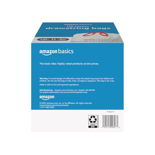 Amazon Basics Trash Bags, Tall Kitchen Drawstring, Unscented, 13 Gallon, 120 Count, Pack of 1