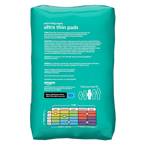 Amazon Basics Ultra Thin Pads with Flexi-Wings for Periods, Extra Long Length, Super Absorbency, Unscented, Size 3, 28 Count, 1 Pack (Previously Solimo)