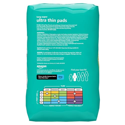 Amazon Basics Ultra Thin Pads with Flexi-Wings for Periods, Long Length, Super Absorbency, Unscented, Size 2, 128 Count, 4 Packs of 32 (Previously Solimo)
