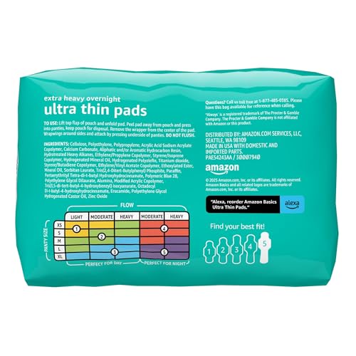 Amazon Basics Ultra Thin Pads with Flexi-Wings for Periods, Extra Heavy Overnight Absorbency, Unscented, Size 5, 24 Count, 1 Pack (Previously Solimo) view 2