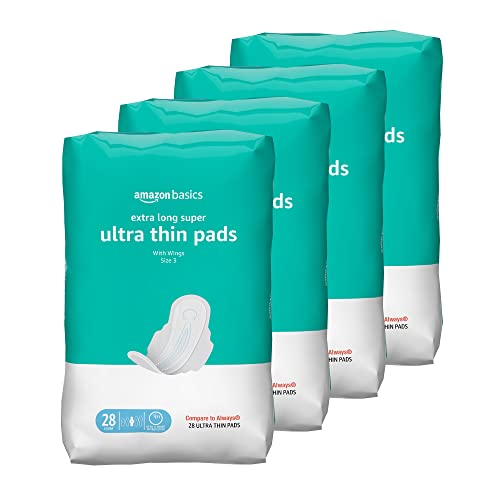 Amazon Basics Ultra Thin Pads with Flexi-Wings for Periods, Extra Long Length, Super Absorbency, Unscented, Size 3, 112 Count (4 Packs of 28) (Previously Solimo)