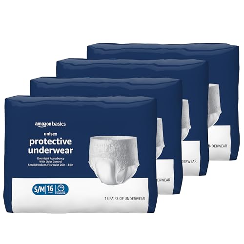 Amazon Basics Unisex Protective Overnight Incontinence Underwear with Odor Protection, Small/Medium, 64 Count (4 Packs of 16)