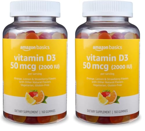 Amazon Basics Vitamin D3 2000 IU Gummies, Orange, Lemon & Strawberry, 160 Count (2 per Serving) (Previously Solimo) (Pack of 2)