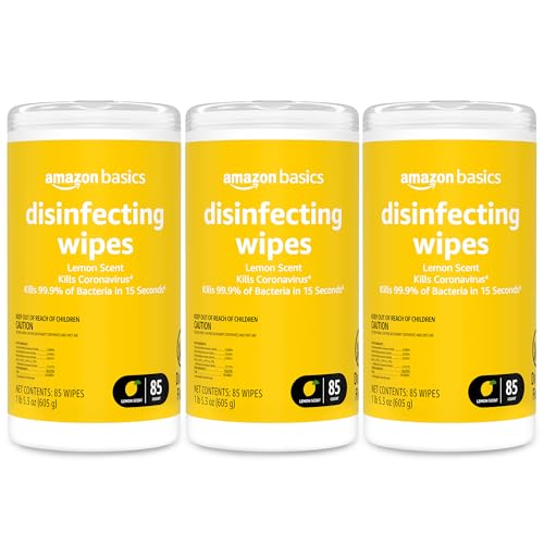 Amazon Basics Wipes, Lemon Scent, for Sanitizing, Cleaning & Deodorizing, 255 Count (3 Packs of 85)