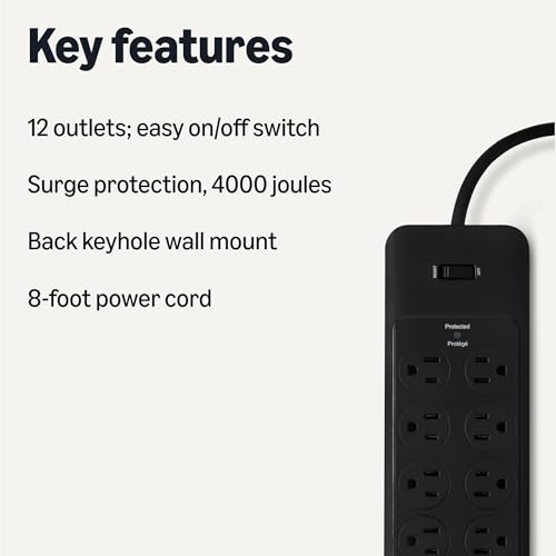 Amazon Basics 12-Outlet Surge Protector Power Strip, 4000 Joules, 8ft Extension Cord, Rectangle, for Home, Office, Gaming Room, Black view 2