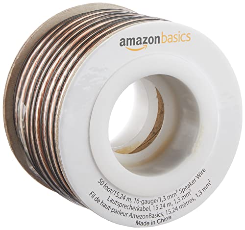 Amazon Basics 16-Gauge Speaker Wire Cable, Polarity Marked, 50 feet, Transparent