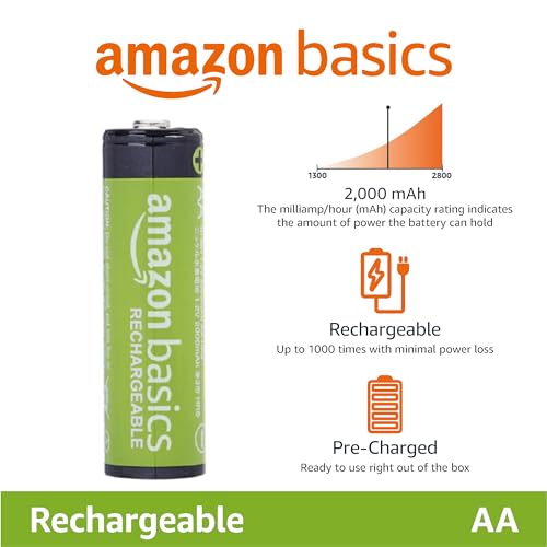 Amazon Basics 24-Pack Rechargeable AA NiMH Batteries, 2000 mAh, 1.2V, Recharge up to 1000x Times, Pre-Charged