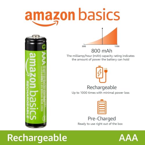 Amazon Basics 24-Pack Rechargeable AAA NiMH Performance Batteries, 800 mAh, 1.2V, Recharge up to 1000x Times, Pre-Charged