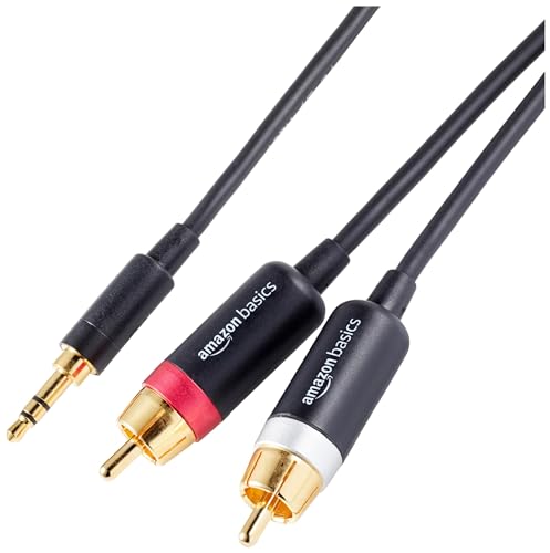 Amazon Basics 3.5mm Aux to 2 RCA Audio Cable Adapter for Amplifiers, Active Speakers, Gold-Plated Connectors, Clear Sound Quality, Shielded Construction, 8 Feet/2.4 m, Black