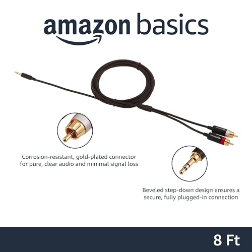 Amazon Basics 3.5mm Aux to 2 RCA Audio Cable Adapter for Amplifiers, Active Speakers, Gold-Plated Connectors, Clear Sound Quality, Shielded Construction, 8 Feet/2.4 m, Black view 2