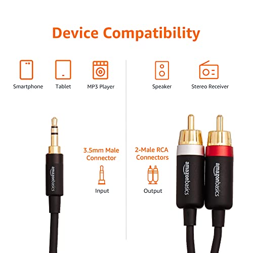 Amazon Basics 3.5mm Aux to 2 RCA Audio Cable Adapter for Amplifiers, Active Speakers, Gold-Plated Connectors, Clear Sound Quality, Shielded Construction, 8 Feet/2.4 m, Black view 3