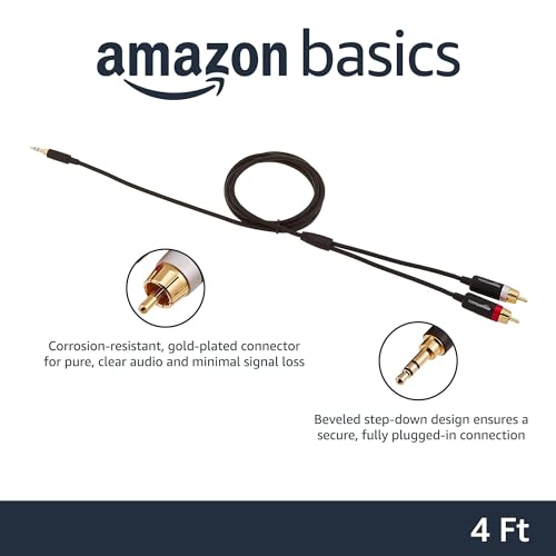 Amazon Basics 3.5mm Stereo Aux to 2 RCA Audio Cable Adapter for Sound, Connecting Amplifiers, Speakers, Smartphone, Tablet with Gold-Plated Plugs, 4 Feet/1.2 m, Black view 2