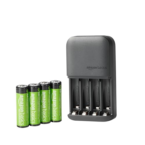 Amazon Basics 4-Bay Battery Charger for AA & AAA Rechargeable Batteries with Rechargeable AA NiMh Batteries, 4 count (Pack of 1), Type A (American) Plug, Black