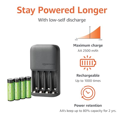 Amazon Basics 4-Bay Battery Charger for AA & AAA Rechargeable Batteries with Rechargeable AA NiMh Batteries, 4 count (Pack of 1), Type A (American) Plug, Black