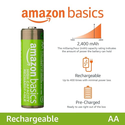 Amazon Basics 4-Pack Rechargeable AA NiMH High-Capacity Batteries, 2400 mAh, 1.2V, Recharge up to 400x Times, Pre-Charged