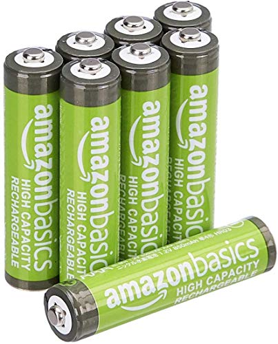 Amazon Basics 8-Pack Rechargeable AAA NiMH High-Capacity Batteries, 850 mAh, 1.2V, Pre-Charged, Hold Charge, Ready to Use, Recharge up to 500x Times