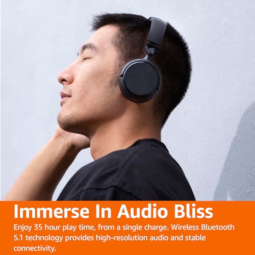 Amazon Basics Bluetooth Headphones Wireless with Microphone, On Ear, 35 Hour Playtime, Foldable, One Size, Collapsible Travel Friendly, Black