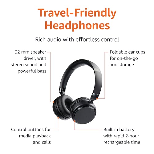 Amazon Basics Bluetooth Headphones Wireless with Microphone, On Ear, 35 Hour Playtime, Foldable, One Size, Collapsible Travel Friendly, Black