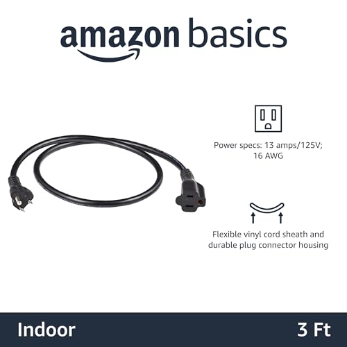 Amazon Basics Extension Cord, 3 Ft, 3 Prong Outlet Extender, Indoor Extension Cord, 13 Amps, 125V, Black