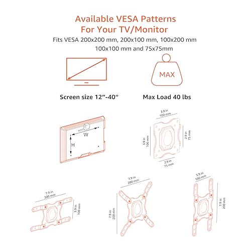 Amazon Basics Full Motion TV Wall Mount fits 12" to 40" TVs and VESA 200x200, Black