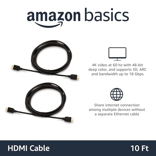 Amazon Basics HDMI Cable, 2-Pack, 10ft, High-Speed 4K@60Hz HDMI 2.0 Cord for Blu-ray, 18Gbps, 2160p, 48 bit, Ethernet, Compatible with TV/PS5/Xbox/Roku, Black view 2