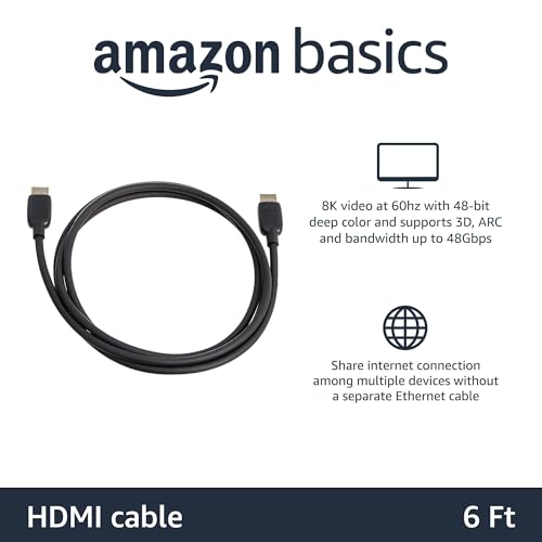 Amazon Basics HDMI Cable, 6 Feet, HDMI 2.1 to HDMI Cable (48Gbps), 8K@60Hz 4K@120Hz Certified Ultra High Speed, Black, Compatible with PS5/Xbox/TV/Monitor