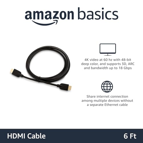 Amazon Basics HDMI Cable, 6ft, 4K@60Hz, High-Speed 4K HDMI 2.0 Cord with Ethernet, 18Gbps, 2160p, 48 bit, Compatible with TV/PS5/Xbox/Roku/Blu-ray, Black view 2
