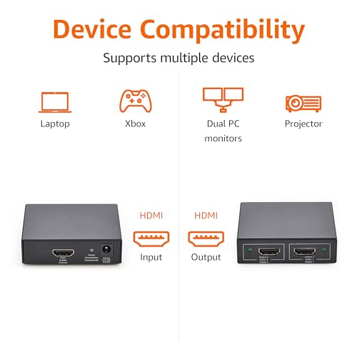 Amazon Basics HDMI Splitter 1 in 2 Out, 4K@30Hz for Dual Monitors, Mirror Only, Black
