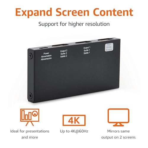 Amazon Basics HDMI Splitter 1 in 2 Out, 4K@60Hz for Dual Monitors, Mirror Only, Black